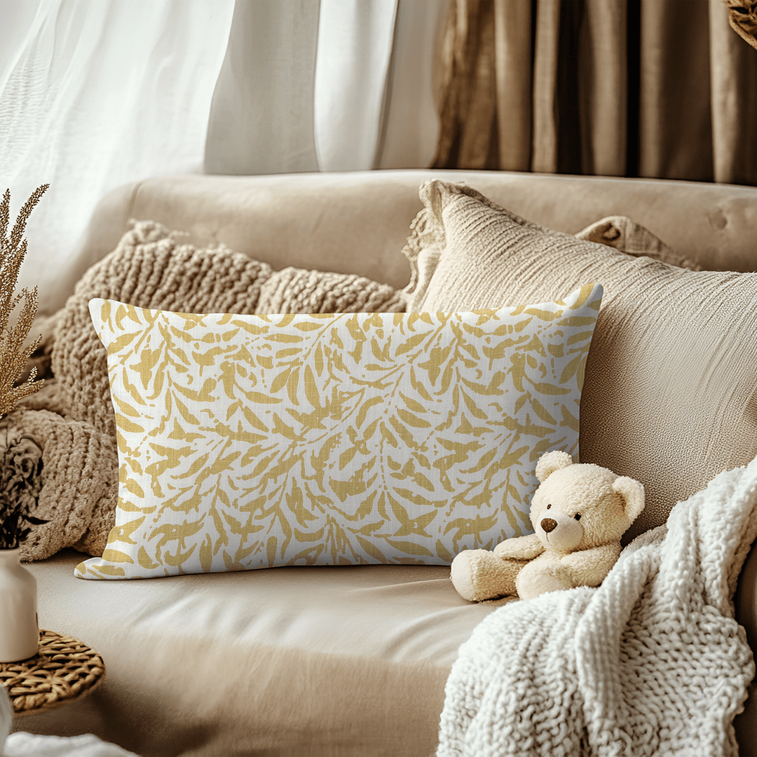 Gold Botanical Printed Fabric Lumbar Pillow