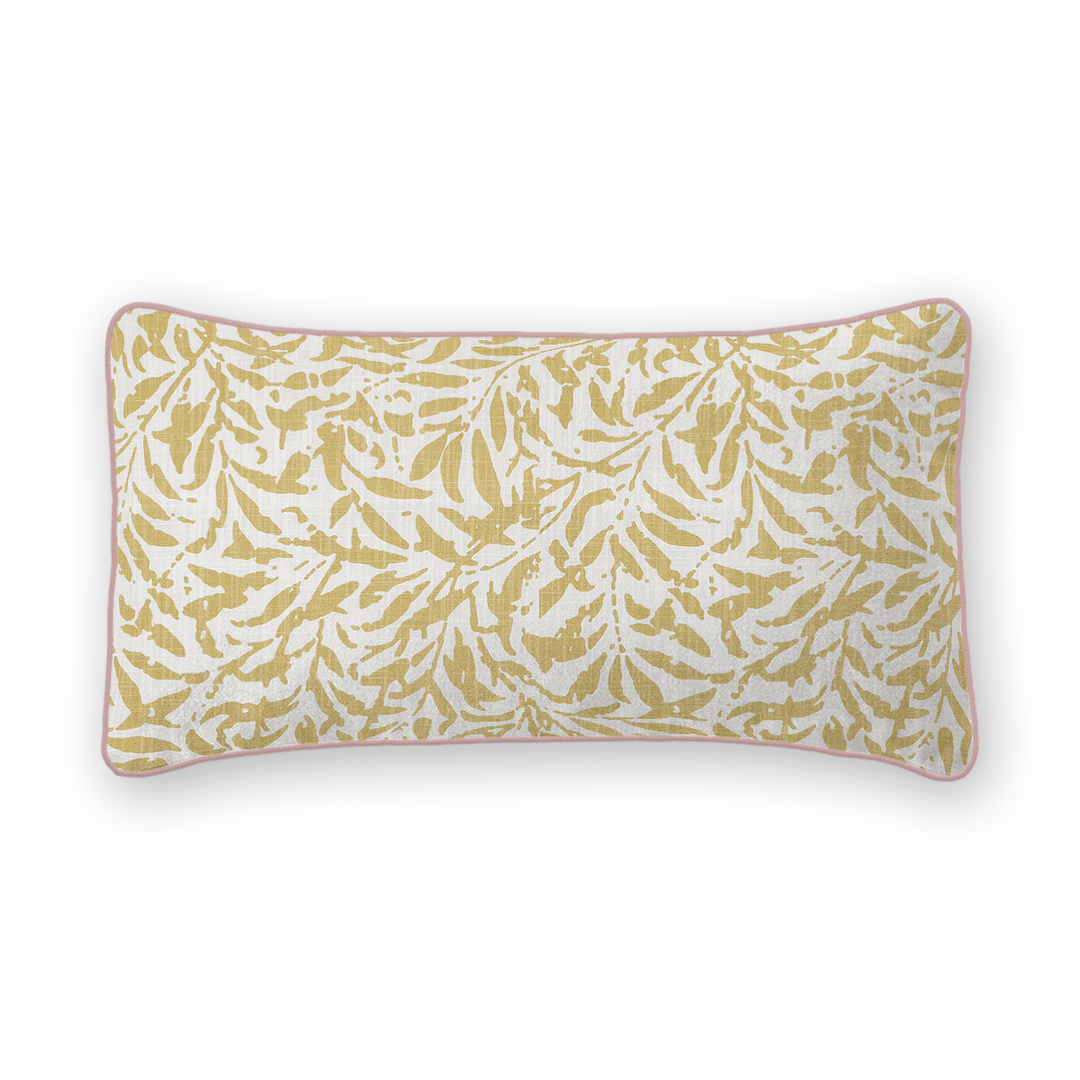 Gold Botanical Printed Fabric Lumbar Pillow