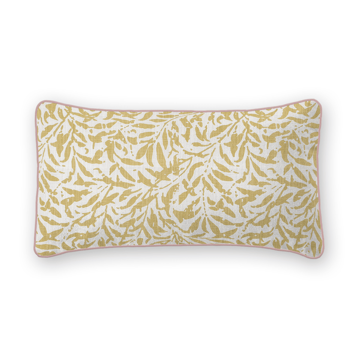 Gold Botanical Printed Fabric Lumbar Pillow