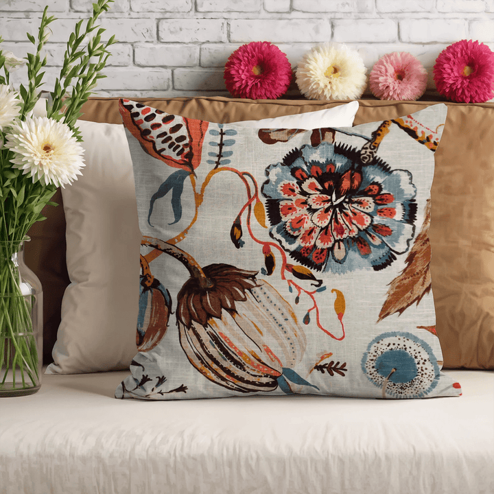 Ivory Floral Printed Fabric Throw Pillow