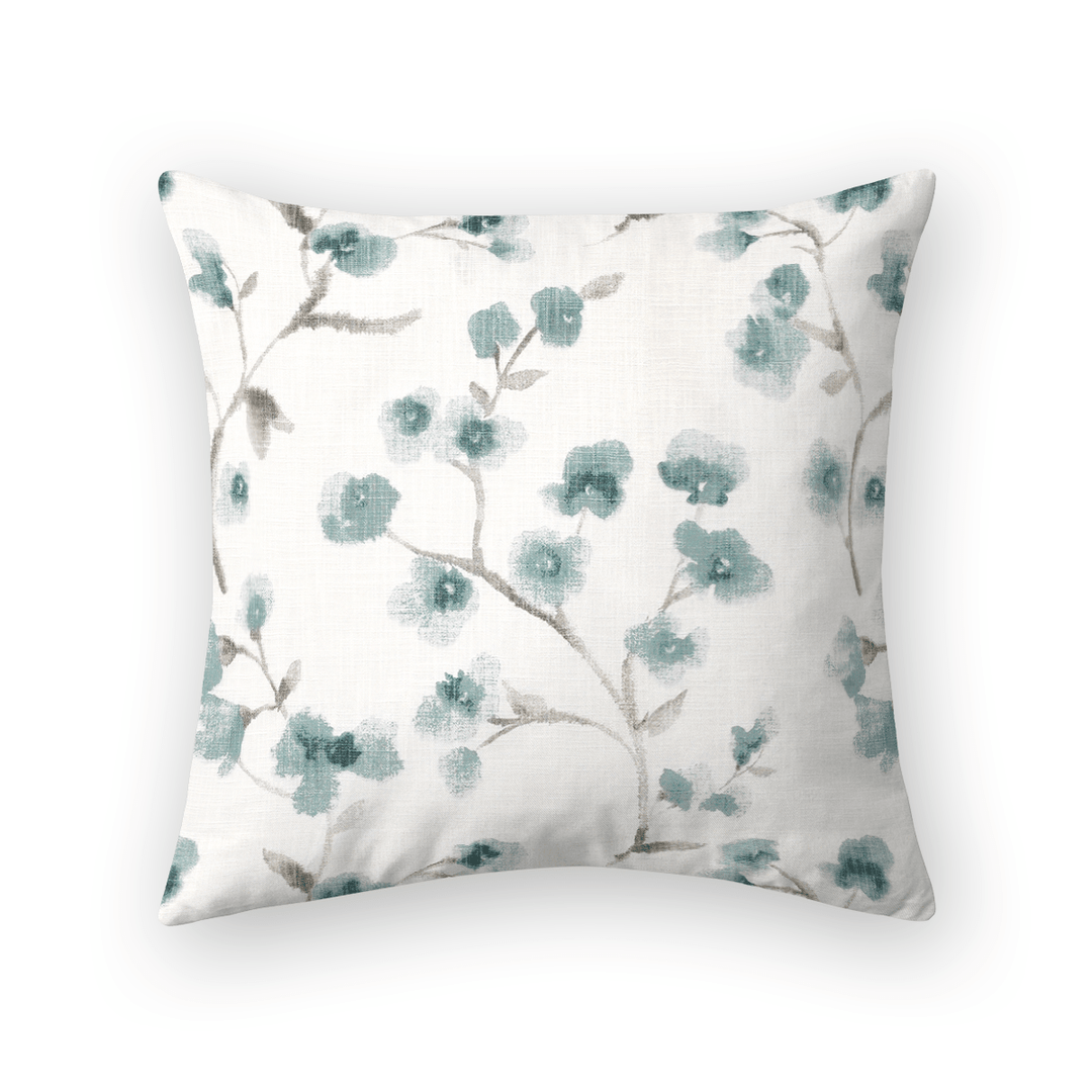 Teal Floral Printed Fabric Throw Pillow