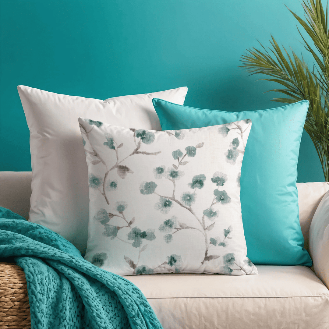 Teal Floral Printed Fabric Throw Pillow
