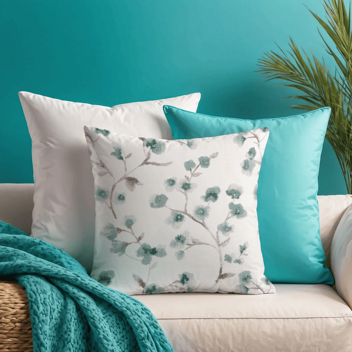 Teal Floral Printed Fabric Throw Pillow